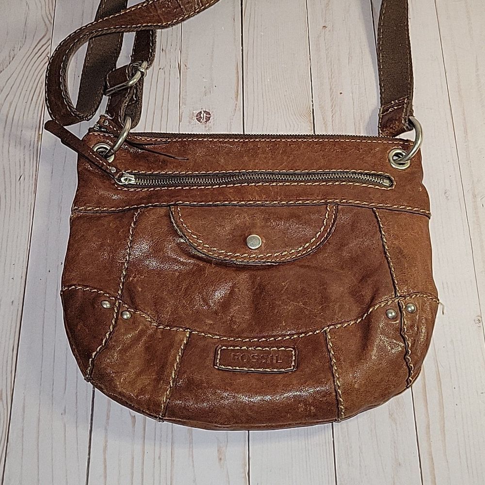 Fossil Brown Leather Crossbody Bag Purse Vintage Retro Look Bohemian